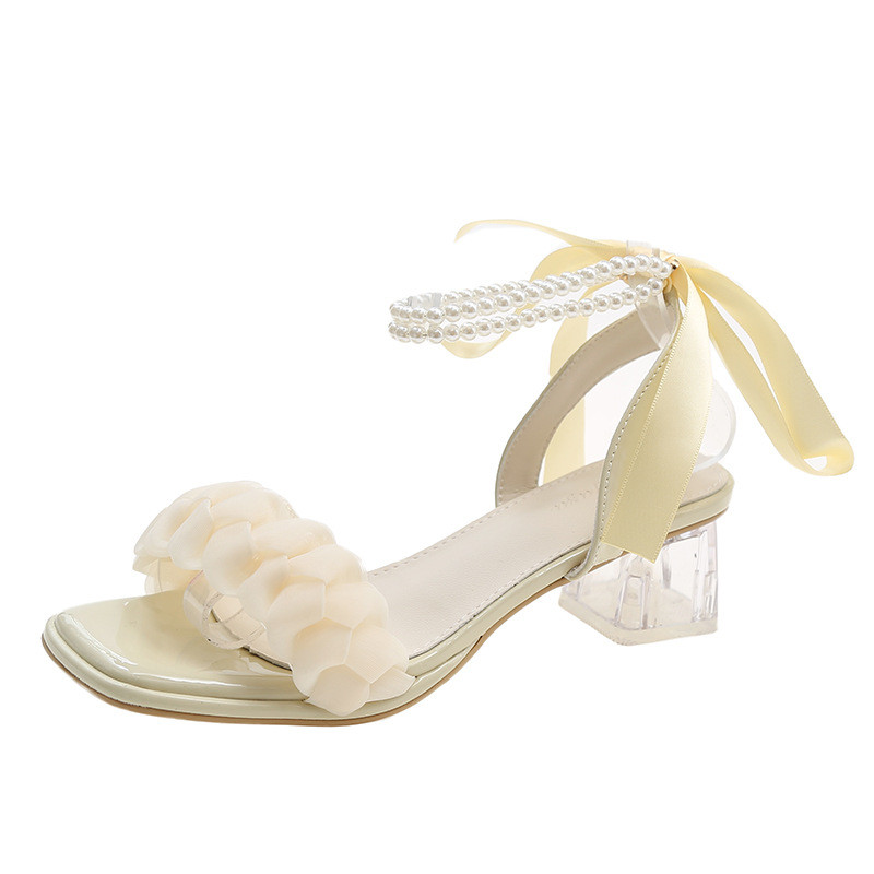 Sandale de damă, transparente, groase, de modă, pompe, elegante, plasă, țesut cu perle, sandale cu toc înalt, cu vârf pătrat, босоножки женские