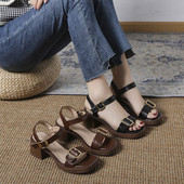 2023. gada vasaras apavi Modes, ikdienas dizains, ērtas sieviešu sandales, apaļas papēži, retro stila vienkāršas sieviešu sandales, augstpapēžu kurpes