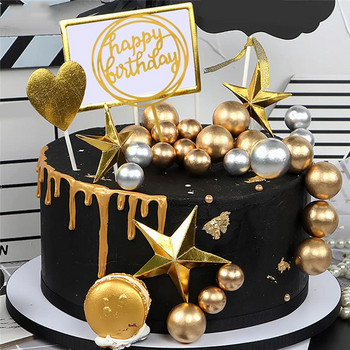 10 бр. Торта за торта Златна сребърна топка Честит рожден ден Торта за торта Направи си сам Cupcake флаг Сватбен декор Коледна топка Декорация за рожден ден