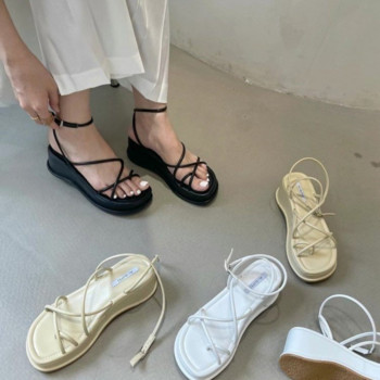 Дамски сандали, обувки с дебело дъно, ежедневни, увеличаващи височината класически черни, бели дамски обувки с кръстосани връзки за възрастни