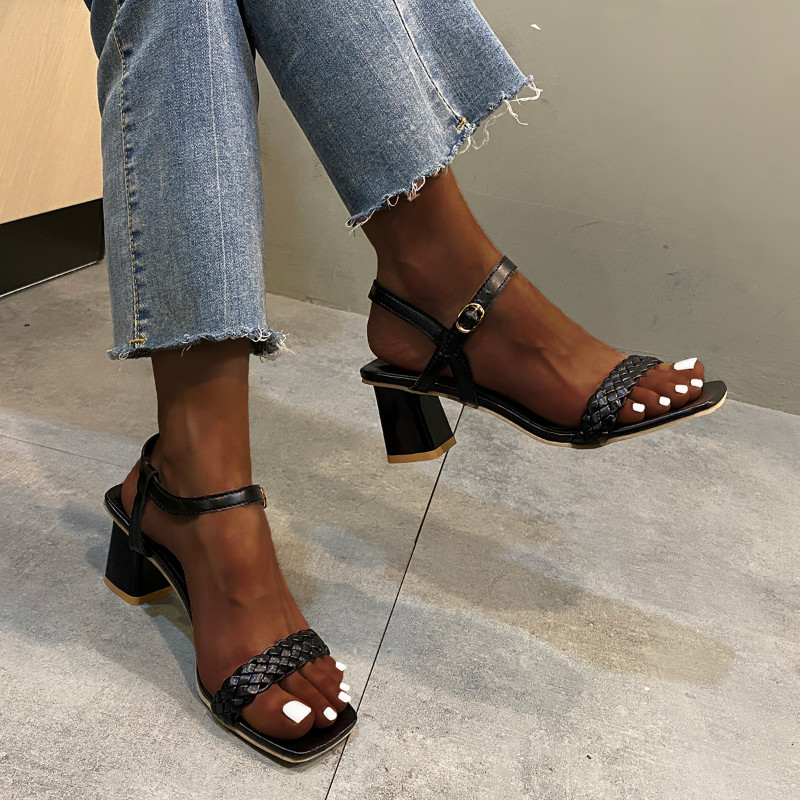 Vară 2023, sandale țesute pentru femei, cu vârf pătrat, cu cataramă simplă, în aer liber, sandale confortabile, rochie, pentru petrecere, sandale de marcă anti-alunecare