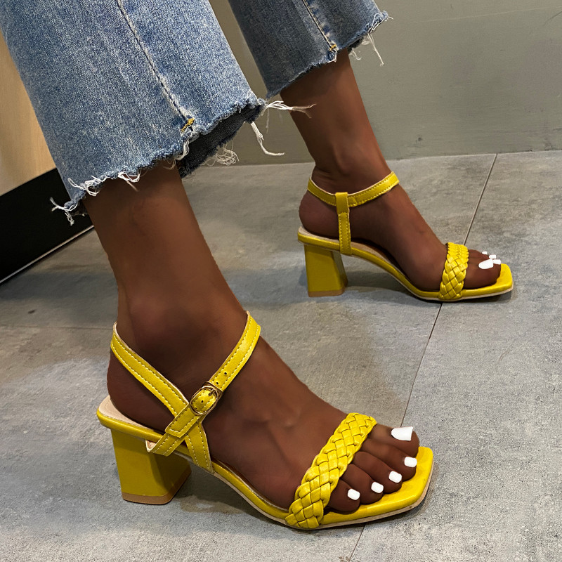 Vară 2023, sandale țesute pentru femei, cu vârf pătrat, cu cataramă simplă, în aer liber, sandale confortabile, rochie, pentru petrecere, sandale de marcă anti-alunecare
