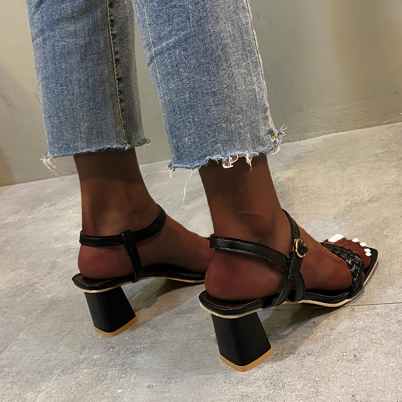 Vară 2023, sandale țesute pentru femei, cu vârf pătrat, cu cataramă simplă, în aer liber, sandale confortabile, rochie, pentru petrecere, sandale de marcă anti-alunecare