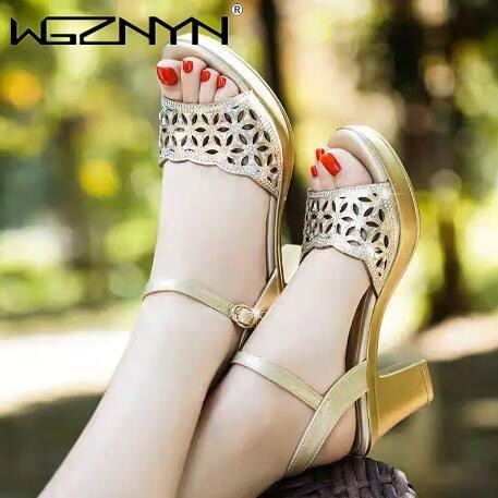 Sandale gladiator din autentică pentru femei Sandale noi pentru femei cu toc înalt Cataramă cu stras gros cu gura de pește Pantofi pentru femei