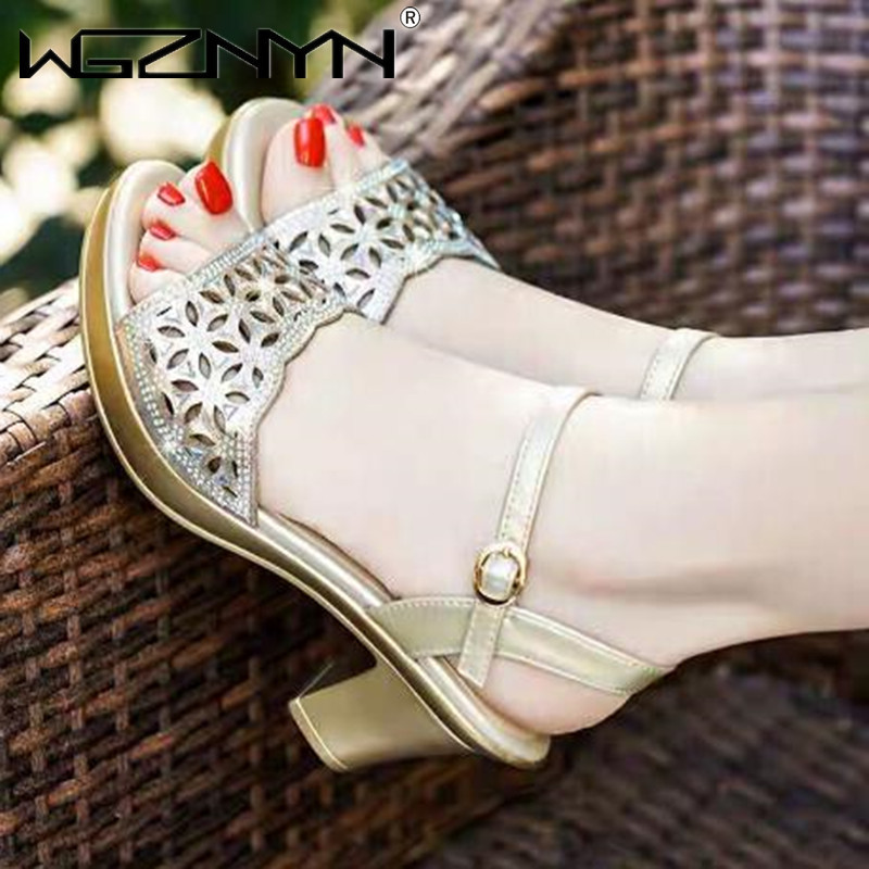 Sandale gladiator din autentică pentru femei Sandale noi pentru femei cu toc înalt Cataramă cu stras gros cu gura de pește Pantofi pentru femei