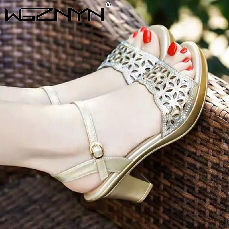 Sandale gladiator din autentică pentru femei Sandale noi pentru femei cu toc înalt Cataramă cu stras gros cu gura de pește Pantofi pentru femei