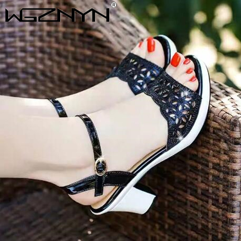 Sandale gladiator din autentică pentru femei Sandale noi pentru femei cu toc înalt Cataramă cu stras gros cu gura de pește Pantofi pentru femei