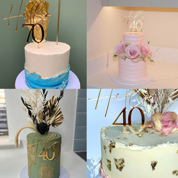 Hello 40 Forty Birthday Cake Topper Акрилно дърво Огледало Злато Персонализирана възраст Честит рожден ден Декор 20 30 50 60 70 80 Парти подарък