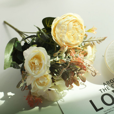 Retro zīda sarkani mākslīgie rožu ziedi DIY rudens kāzu mājas dekorēšana viltota peonija hortenzijas līgavas pušķis