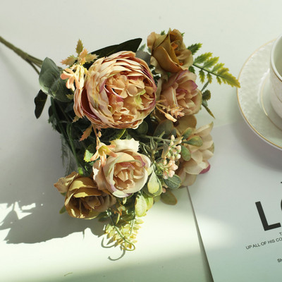 Retro zīda sarkani mākslīgie rožu ziedi DIY rudens kāzu mājas dekorēšana viltota peonija hortenzijas līgavas pušķis