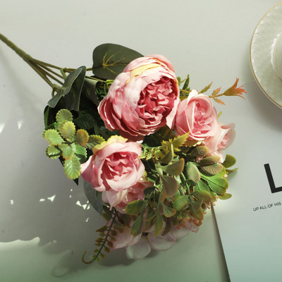 Retro zīda sarkani mākslīgie rožu ziedi DIY rudens kāzu mājas dekorēšana viltota peonija hortenzijas līgavas pušķis