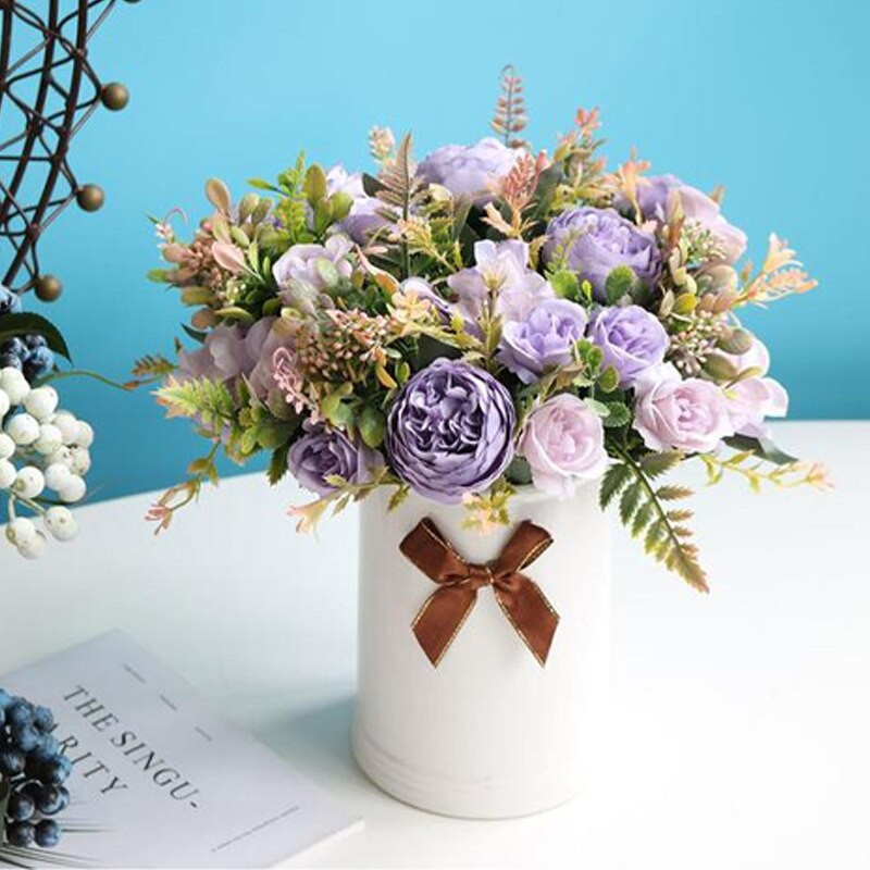 Retro zīda sarkani mākslīgie rožu ziedi DIY rudens kāzu mājas dekorēšana viltota peonija hortenzijas līgavas pušķis