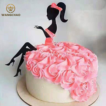 Черна акрилна горна част за торта Силует Момиче Принцеса Сватбени декорации на булката и младоженеца Десерт Топпер за кексчета Парти консумативи