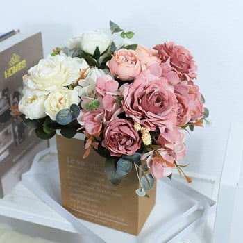 Изкуствени цветя Ретро копринен букет от рози, хортензия, божур, реколта, булка, държаща фалшиво цвете, аксесоари за сватбена декорация на дома