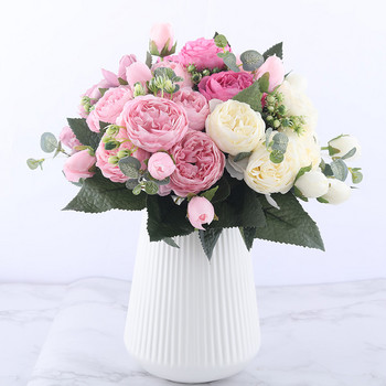 30 см розово розов копринен божур Букет от изкуствени цветя 5 големи глави и 4 пъпки Евтини фалшиви цветя за домашна сватбена декорация на закрито