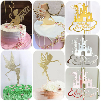 Little Fairy Happy Birthday Cake Toppers Gold Acrylic Angel Castle Elf Topper for Birthday Party Cake Decorations Supplies