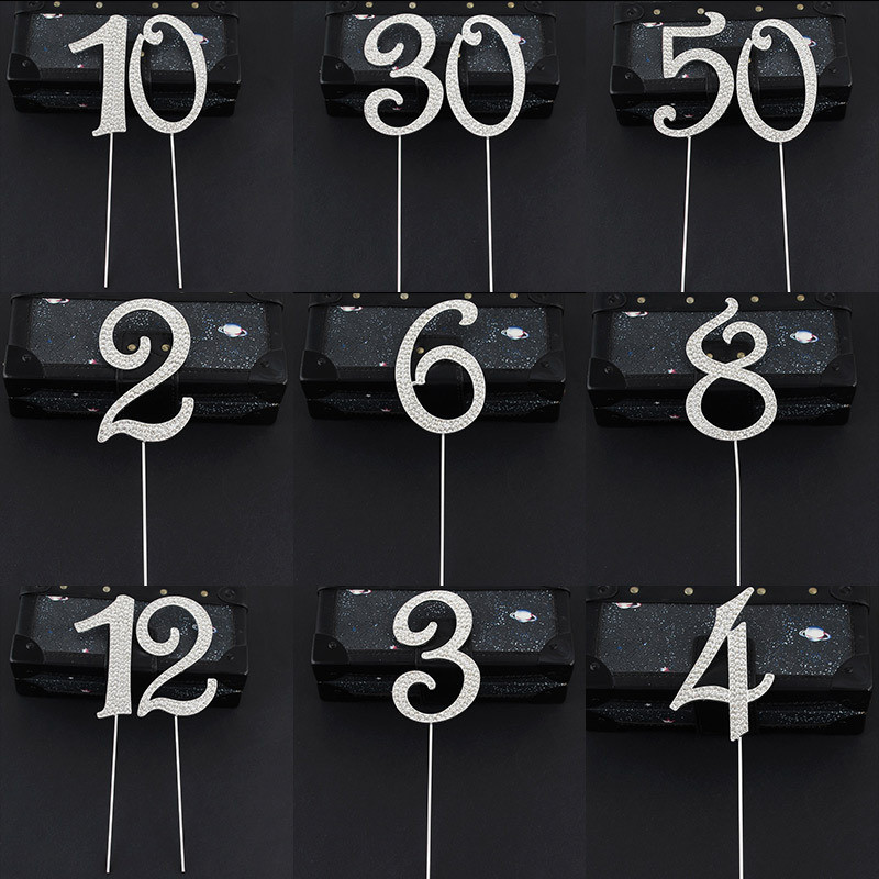 1 бр. Нова бляскава сплав със кристали със златни и сребърни номера Топери за торти Baby Shower Декорация за рожден ден Сватбени цифрови торти Декор