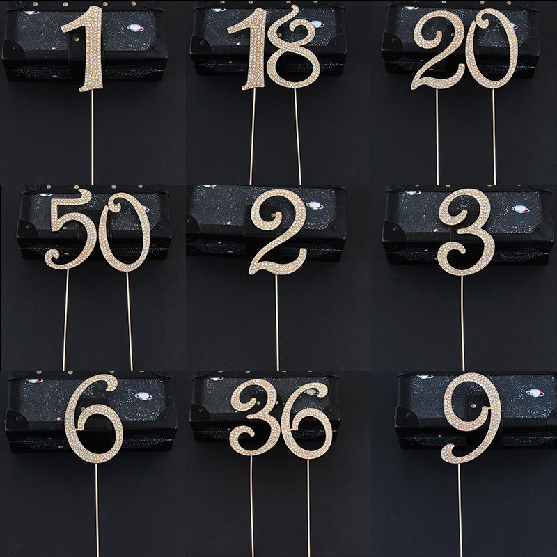 1 бр. Нова бляскава сплав със кристали със златни и сребърни номера Топери за торти Baby Shower Декорация за рожден ден Сватбени цифрови торти Декор