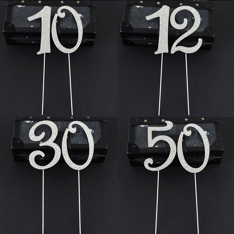 1 бр. Нова бляскава сплав със кристали със златни и сребърни номера Топери за торти Baby Shower Декорация за рожден ден Сватбени цифрови торти Декор