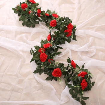 Копринени изкуствени розови лози Висящи цветя за стена Коледни ратанови фалшиви листа от растения Гирлянди Романтична сватбена декорация на дома