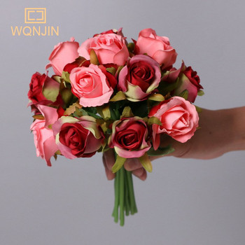 12бр. Червени изкуствени копринени рози, букет цветя за сватбена булка, държаща домашни фалшиви бели цветя, евтини за декорация на домашна маса