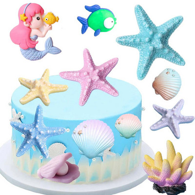 Decorat pentru tort cu scoici de mare, stea de mare, pentru petrecere de aniversare, pentru baby shower, pentru nunta, pentru tema petrecerii sub mare