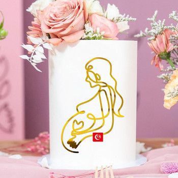 Art Pregnant Woman Happy Birthday Cake Topper Acrylic Gold Lady Face Wedding Baby Footprint Cake Topper Party Cake Decorations