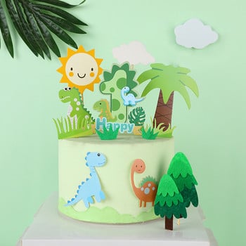 Dinosaur Palm Leaves Cake Toppers Happy Birthday Jungle Safari Party Decor Green Number 1 2 3 4 5 Years Kids Party Decor Cake