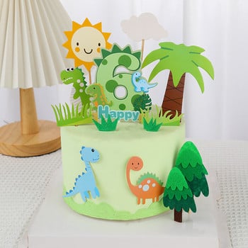 Dinosaur Palm Leaves Cake Toppers Happy Birthday Jungle Safari Party Decor Green Number 1 2 3 4 5 Years Kids Party Decor Cake