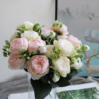 Нов 2021 розово розов копринен божур изкуствен цветен букет 5 големи глави 4 пъпки евтини фалшиви цветя, подходящи за декор на семейна сватба