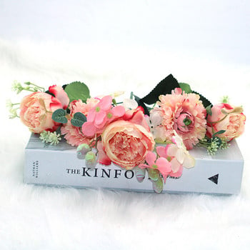 Нов 2021 розово розов копринен божур изкуствен цветен букет 5 големи глави 4 пъпки евтини фалшиви цветя, подходящи за декор на семейна сватба