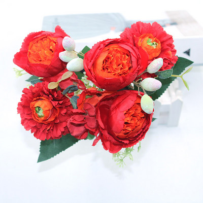 Buchet de flori artificiale bujor de mătase roz trandafir 2021 5 capete mari 4 boboci flori false ieftine, potrivite pentru decorul nunții de familie