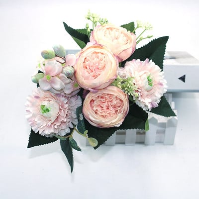 Buchet de flori artificiale bujor de mătase roz trandafir 2021 5 capete mari 4 boboci flori false ieftine, potrivite pentru decorul nunții de familie