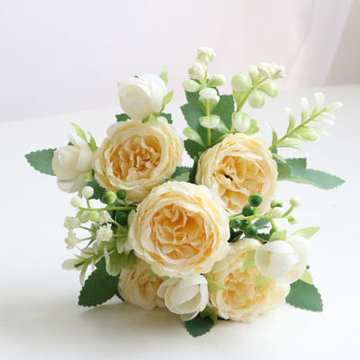 Buchet de flori artificiale bujor de mătase roz trandafir 2021 5 capete mari 4 boboci flori false ieftine, potrivite pentru decorul nunții de familie