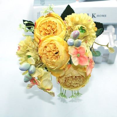 Buchet de flori artificiale bujor de mătase roz trandafir 2021 5 capete mari 4 boboci flori false ieftine, potrivite pentru decorul nunții de familie