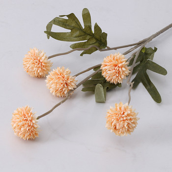 5 глави копринено цвете от глухарче топка помпон изкуствени цветя клон със зелени листа за домашни сватбени декорации фалшиви цветя