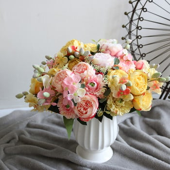 30 см розово розов копринен божур Букет от изкуствени цветя 5 големи глави и пъпка Евтини фалшиви цветя за домашна сватбена декорация indoo