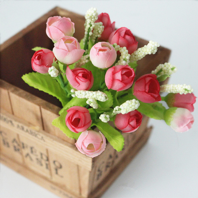 Spalvingos šilko gėlės dirbtinės gėlės 15 galvų Mini Rose namų dekoras vestuvių mažų rožių puokštės dekoravimui
