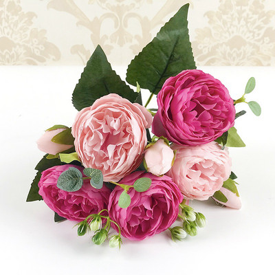 30 cm-es rózsa rózsaszín selyem bazsarózsa művirág csokor 5 nagy fejből és 4 bimbóból olcsó hamis növények otthoni esküvői dekorációhoz az ajtóban