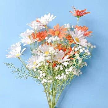5 глави Бели маргаритки Изкуствени цветя Букет с дълги клони Семейно парти Сватбена украса Направи си сам Булчинско копринено изкуствено цвете