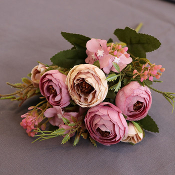 1 букет лилави изкуствени цветя Божур Чаена роза Есенни копринени фалшиви цветя за Направи си сам хол Начало Градина Сватбена украса
