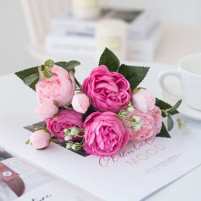 1 Buchet 9 capete Bujor Artificial Ceai Flori Trandafir Camelie Mătase Flori False Flore pentru DIY Casa Grădină Decorare Nuntă