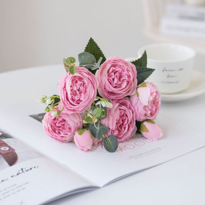 1 Buchet 9 capete Bujor Artificial Ceai Flori Trandafir Camelie Mătase Flori False Flore pentru DIY Casa Grădină Decorare Nuntă