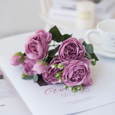 1 Buchet 9 capete Bujor Artificial Ceai Flori Trandafir Camelie Mătase Flori False Flore pentru DIY Casa Grădină Decorare Nuntă