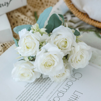 1 букет бели изкуствени цветя Божур Чаена роза Есенни копринени фалшиви цветя за Направи си сам хол Начало Градина Сватбена украса