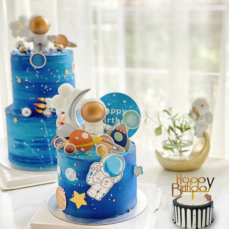 Set de 14 bucăți de decorațiuni pentru tort astronauți, decorațiuni pentru petrecerea de aniversare, pentru copii, băieți, pentru baby shower, universul planetelor, rechizite pentru petrecere