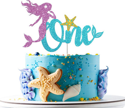 Glitter Mermaid Tail Seahorse Starfish Cake Topper Girl Birthday Party Dekorācija Nāras ballītei cupcake Supplies Baby Shower Deco