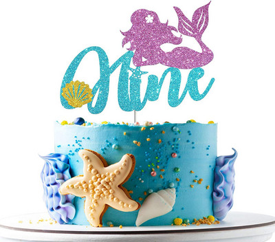 Glitter Mermaid Tail Seahorse Starfish Cake Topper Girl Birthday Party Dekorācija Nāras ballītei cupcake Supplies Baby Shower Deco