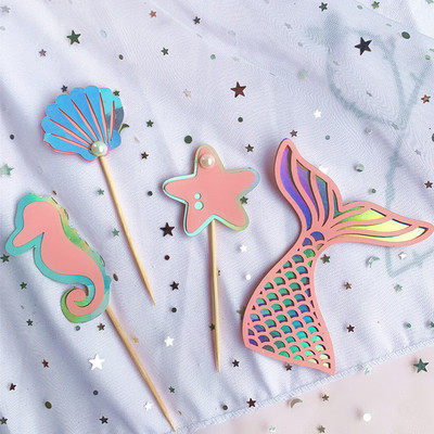 Glitter Mermaid Tail Seahorse Starfish Cake Topper Girl Birthday Party Dekorācija Nāras ballītei cupcake Supplies Baby Shower Deco