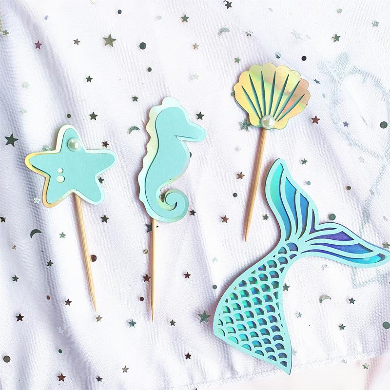 Glitter Mermaid Tail Seahorse Starfish Cake Topper Girl Birthday Party Dekorācija Nāras ballītei cupcake Supplies Baby Shower Deco